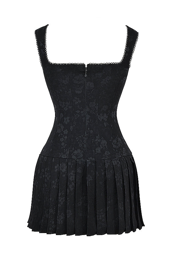 A&A Luxe Lace Up Vintage Embroidery A Line Pleated Mini Dress
