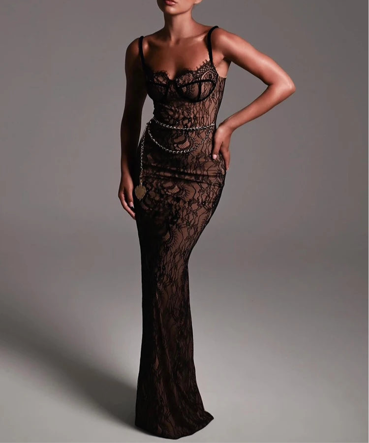 A&A Luxe Lace Bustier Bodycon Maxi Dress