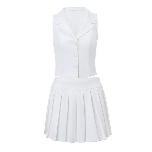 A&A Large Pleated Mini Skirt V Neck Suit