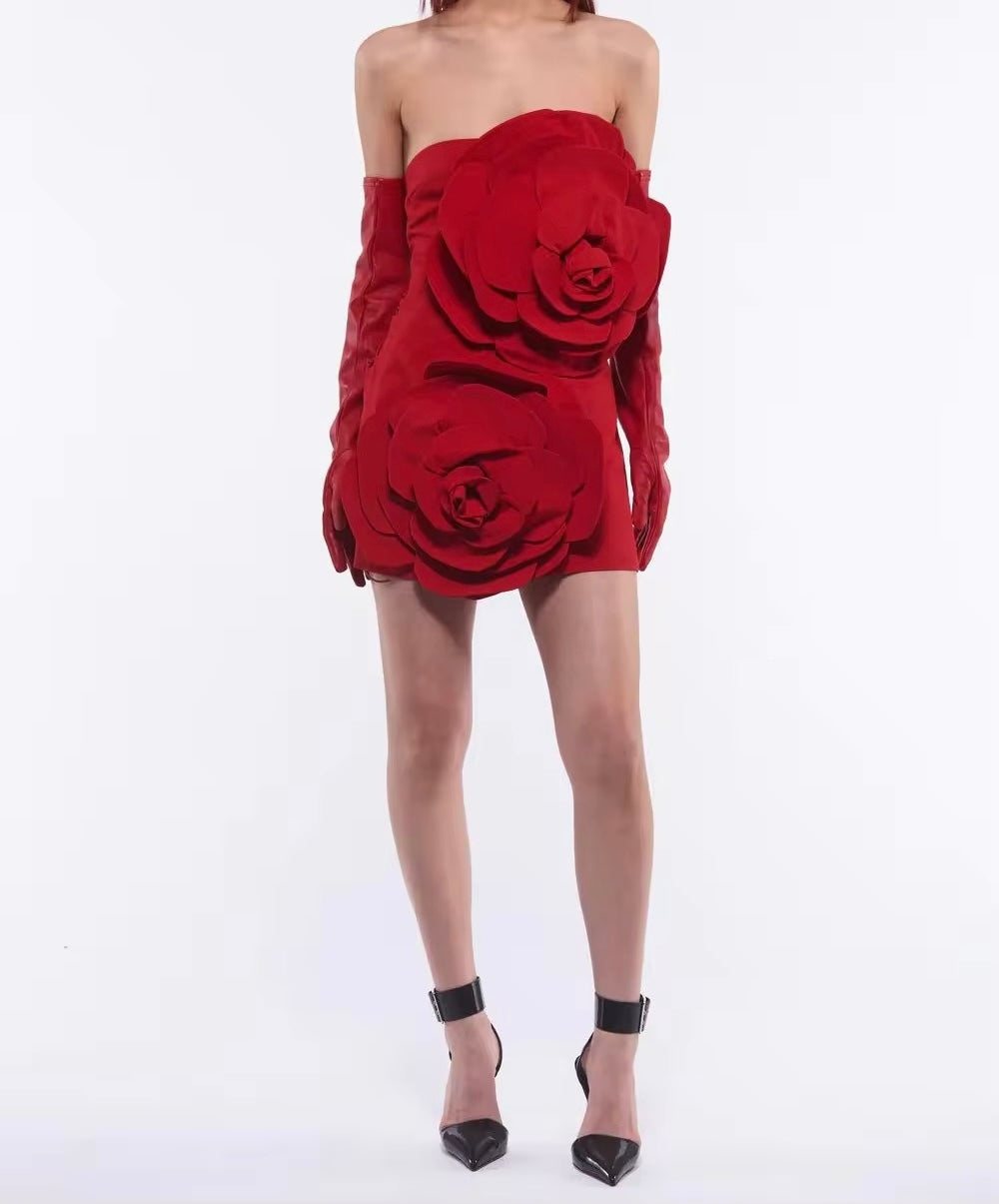 A&A Luxe 3D Strapless Flower Design Elegant Mini Dress