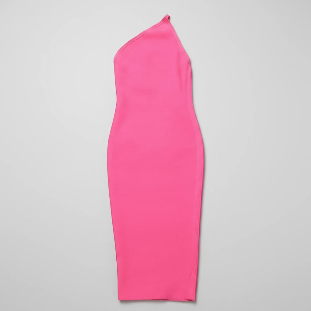 Pink one-shoulder dress on a gray background