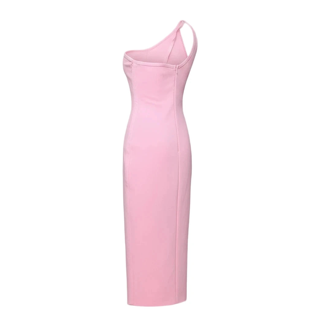 Pink one-shoulder dress on a gray background