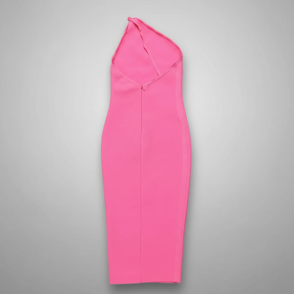 Pink one-shoulder dress on a gray background