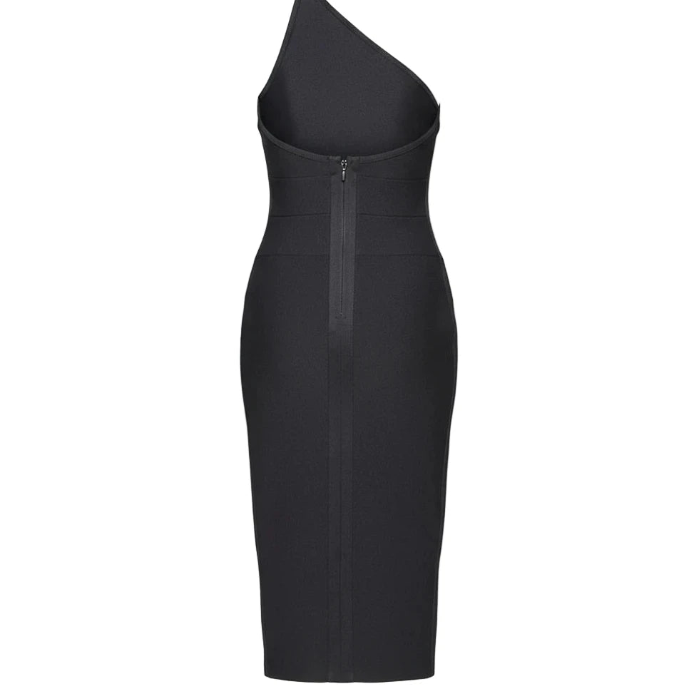 Black one-shoulder dress with a zipper on a light gray background