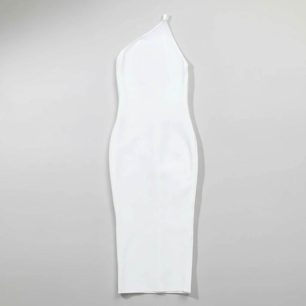 White one-shoulder dress on a gray background