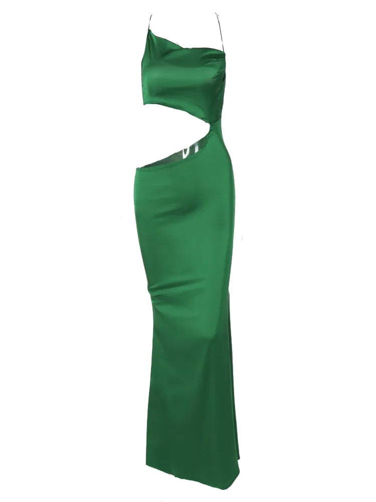 A&A Cut Out Satin Green Maxi Dress
