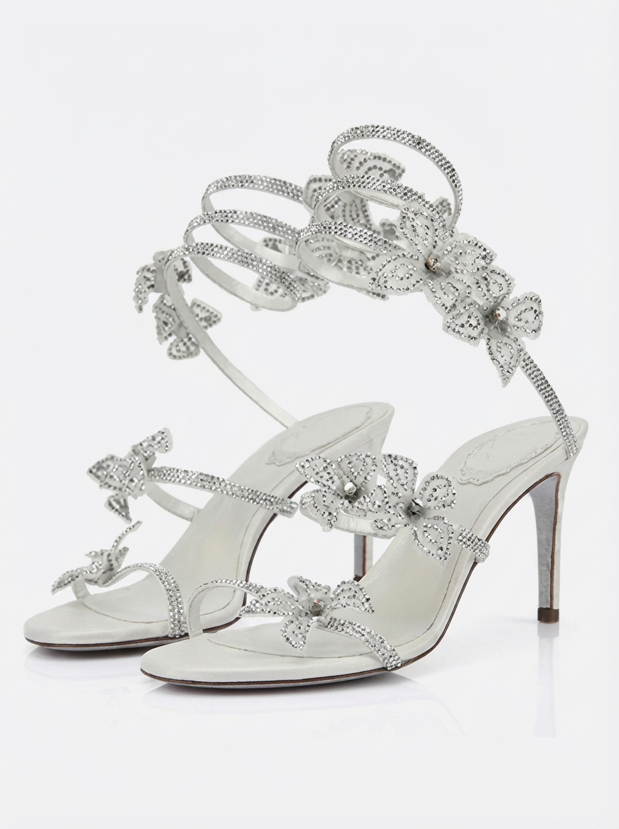 A&A Aeris Silver Crystal Flower Wrap Up Heels