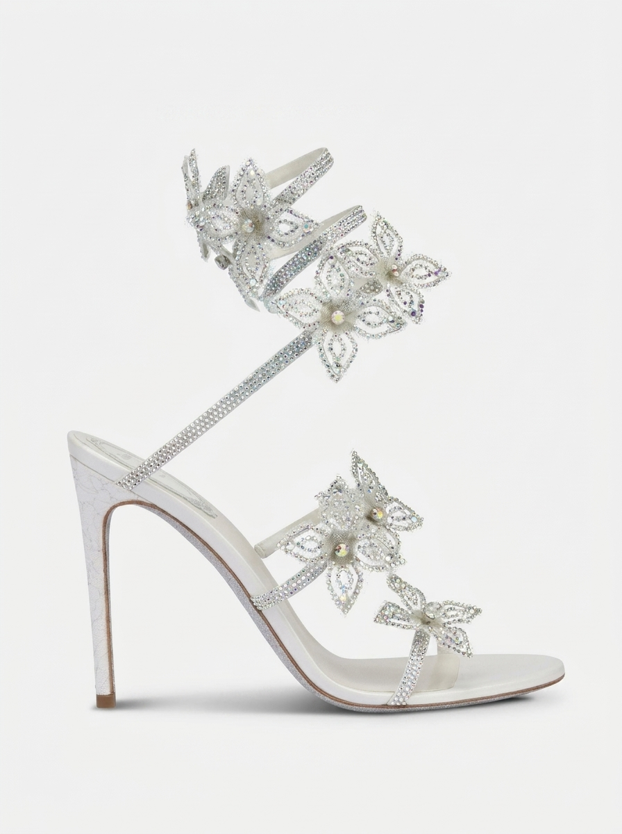A&A Aeris Silver Crystal Flower Wrap Up Heels