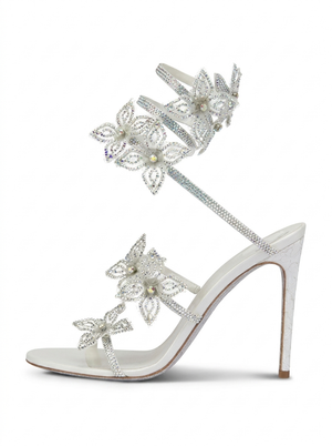A&A Aeris Silver Crystal Flower Wrap Up Heels