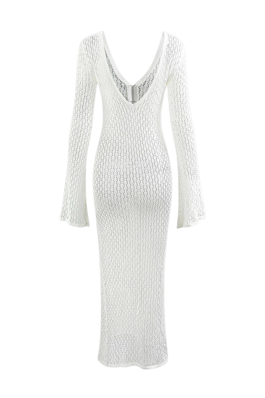 A&A V neck Flare Long sleeved Knitted Maxi Dress