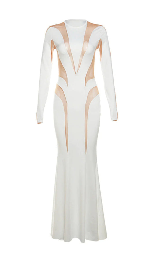 A&A Luxe Long Sleeve Elegant Mesh Insert Bodycon Maxi dress