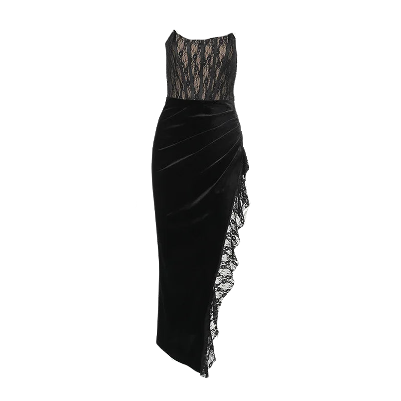 A&A Lace Corset Asymmetric Slit Velvet Midaxi Dress