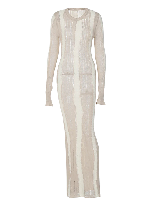 A&A Frayed Knit Sheer Long Sleeve Maxi Dress