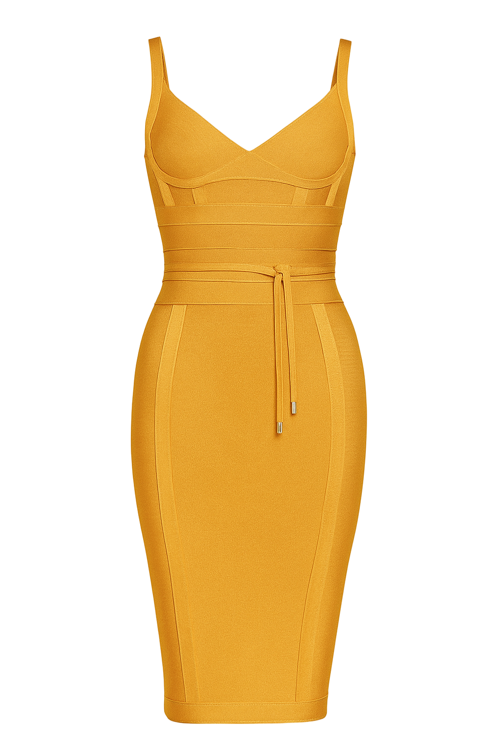 Mustard yellow dress with thin straps on a light gray background