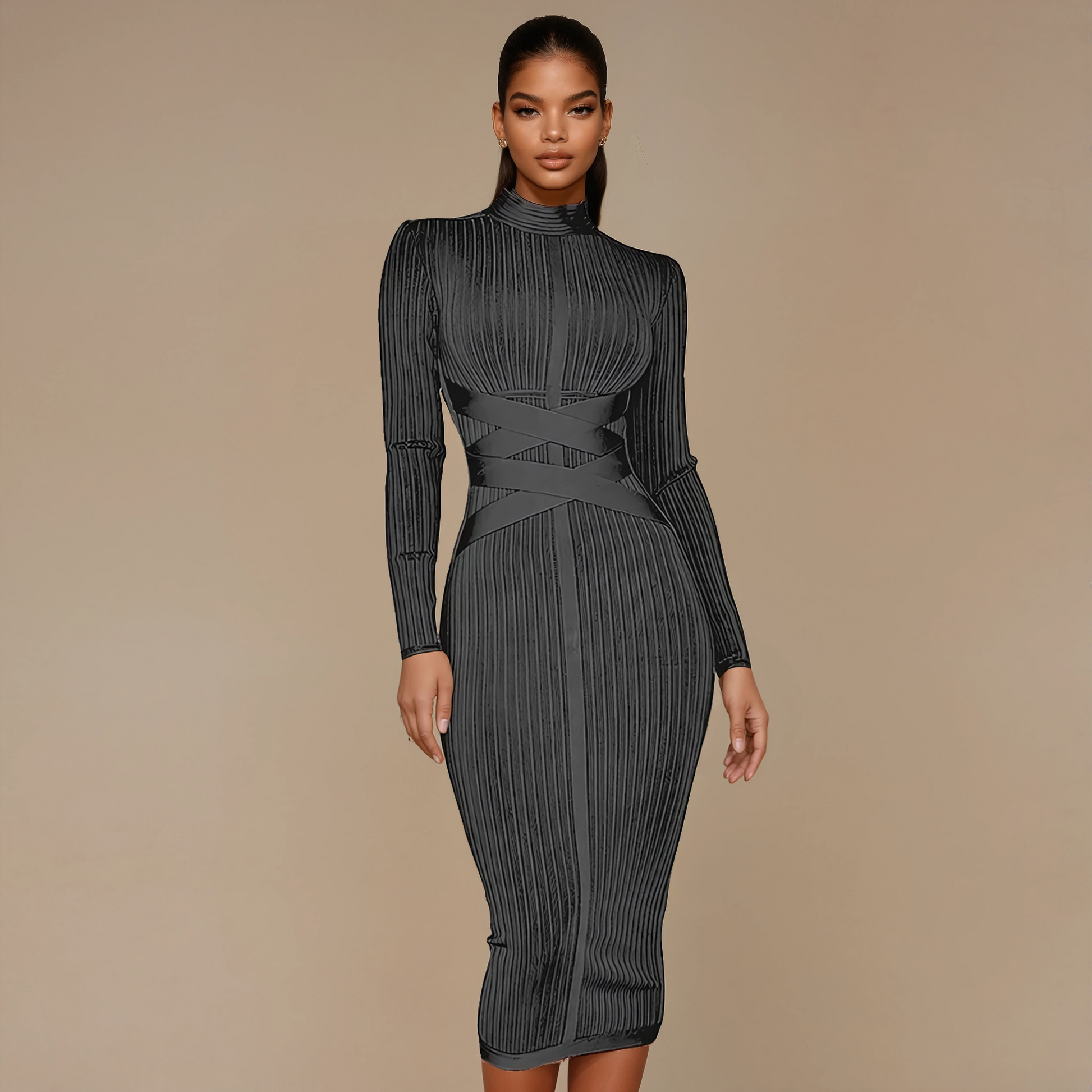 A&A Liora Criss Cross Long Sleeve Midi Bandage Dress