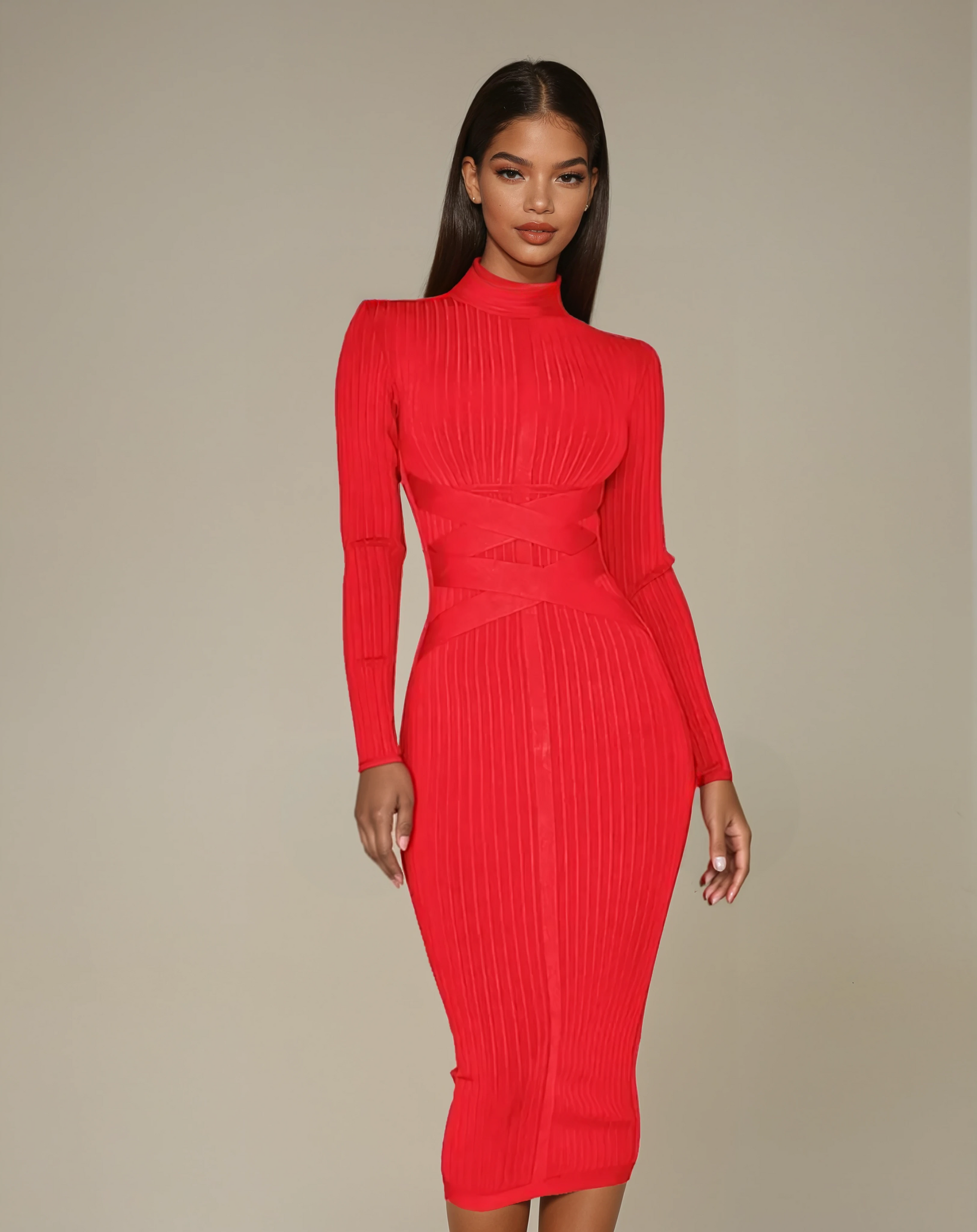 A&A Liora Criss Cross Long Sleeve Midi Bandage Dress