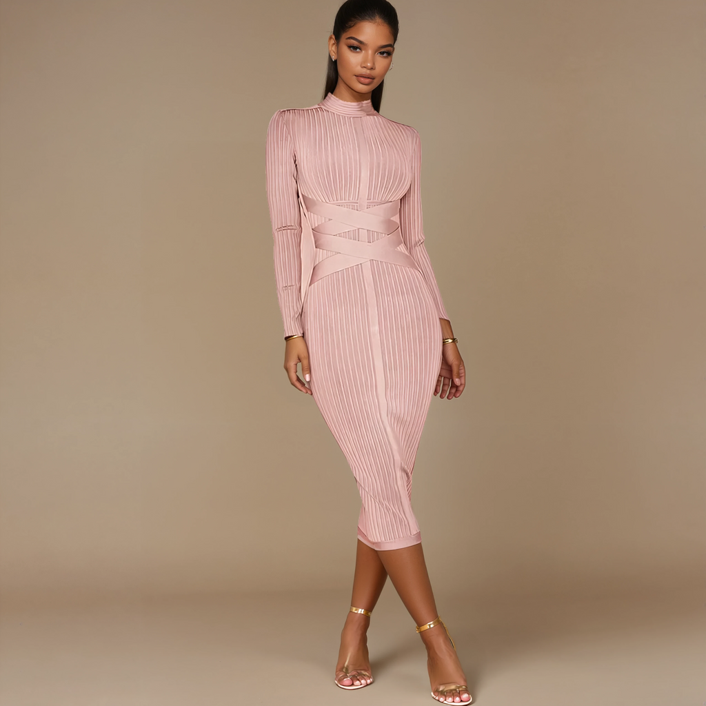 A&A Liora Criss Cross Long Sleeve Midi Bandage Dress