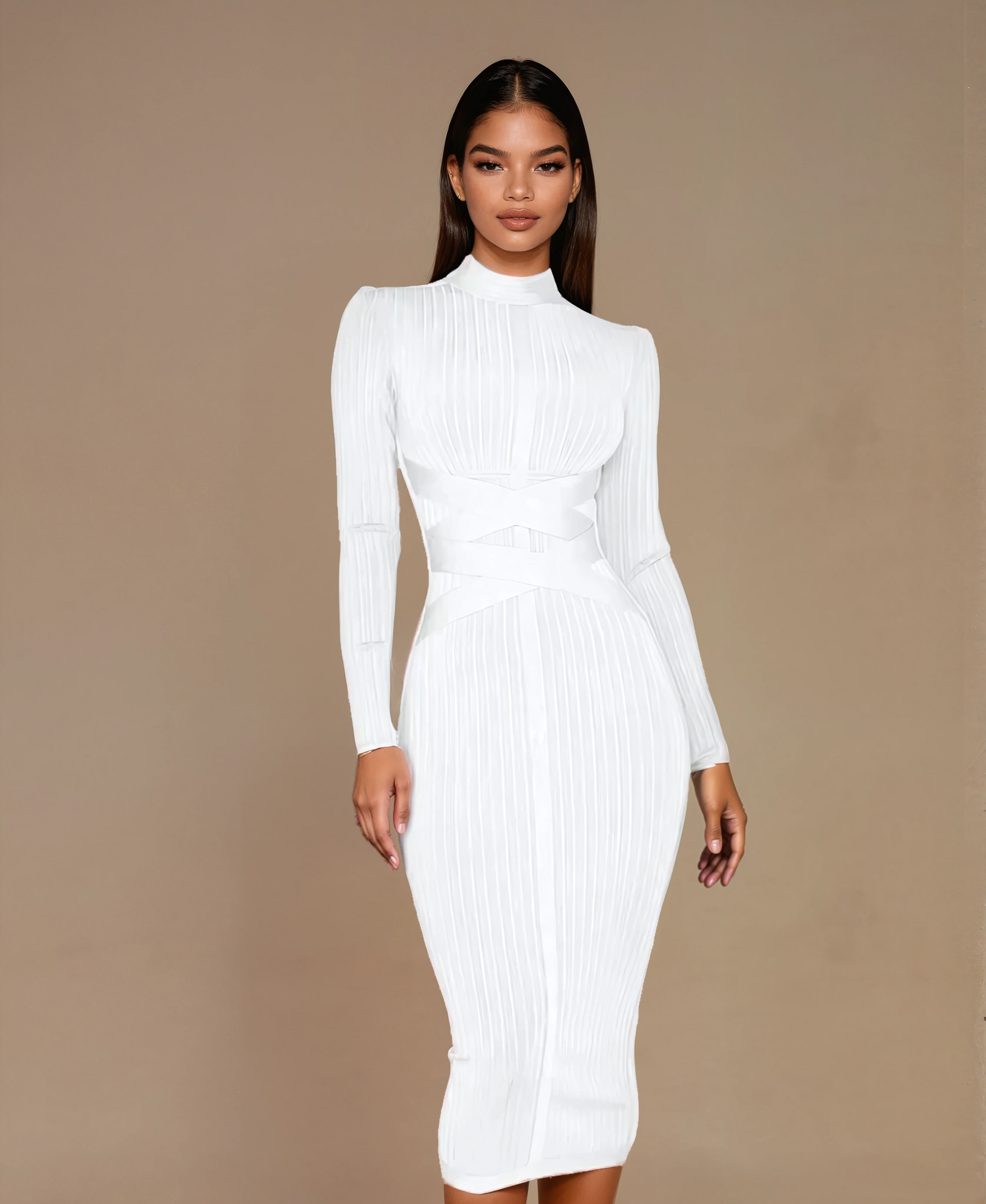 A&A Liora Criss Cross Long Sleeve Midi Bandage Dress