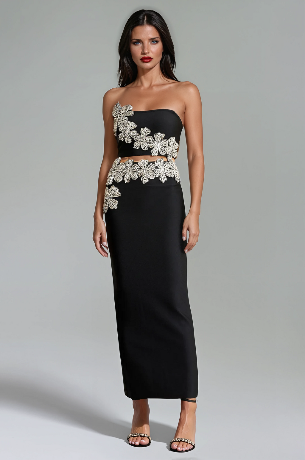 A&A Luxe Strapless Flower Crystal Black Maxi Bandage Skirt Set