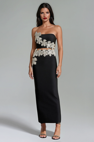 A&A Luxe Strapless Flower Crystal Black Maxi Bandage Skirt Set
