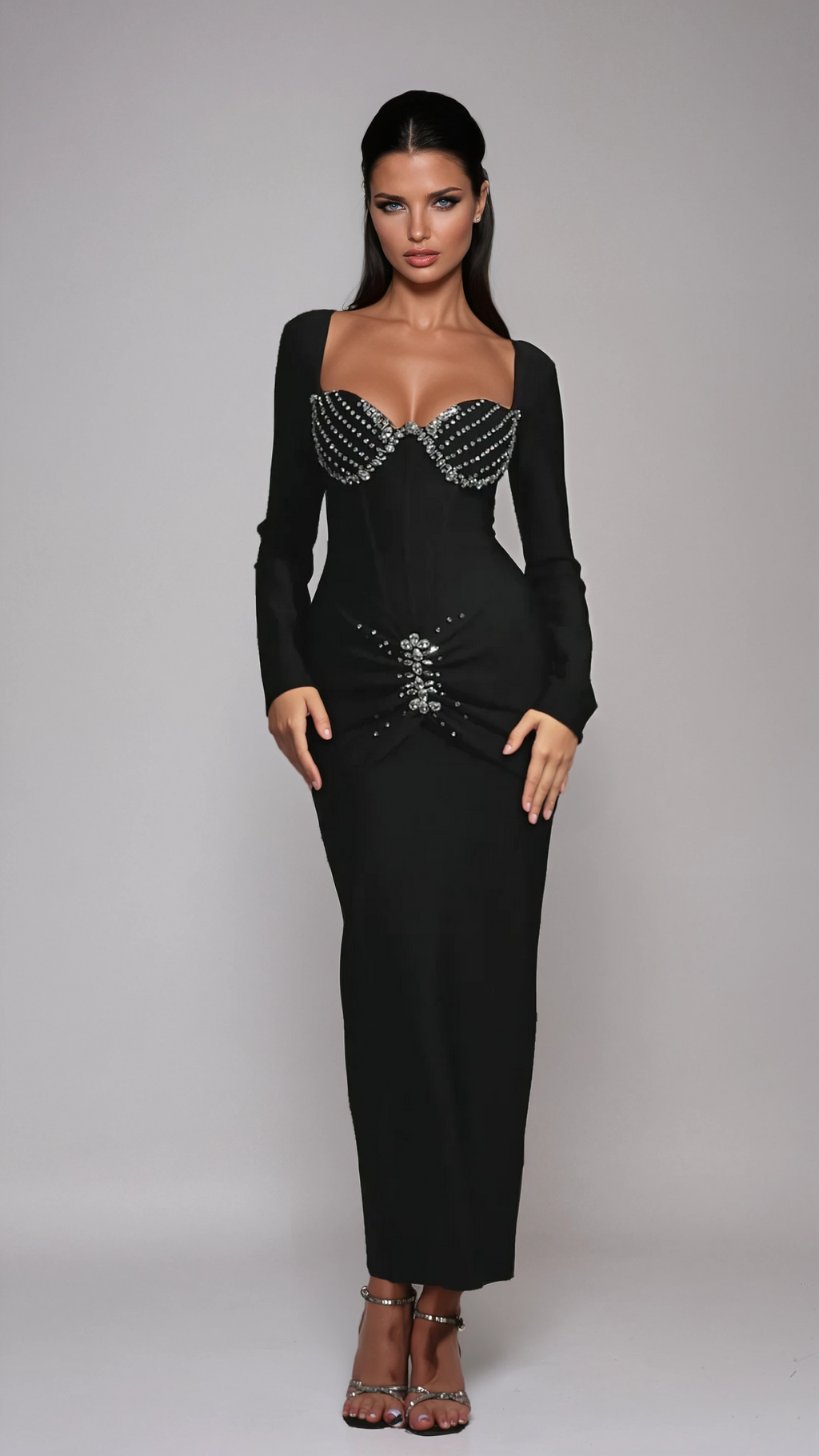 A&A Luxe Milea Long Sleeve Beading Detail Maxi Bodycon Bandage Dress