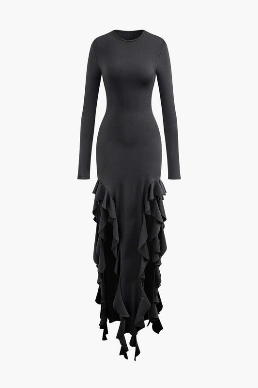 A&A Ruffle Long Sleeve Thigh High Split Maxi Dress
