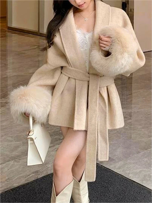 A&A 100% Wool Fur Trim Long Sleeve Coat