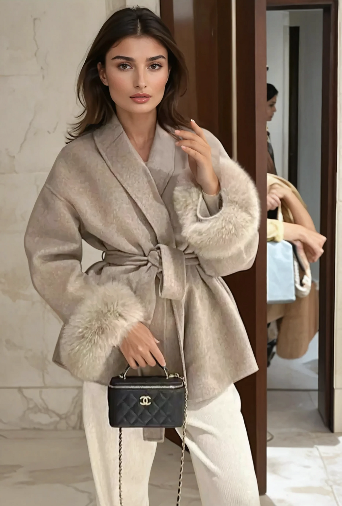 A&A 100% Wool Fur Trim Long Sleeve Coat