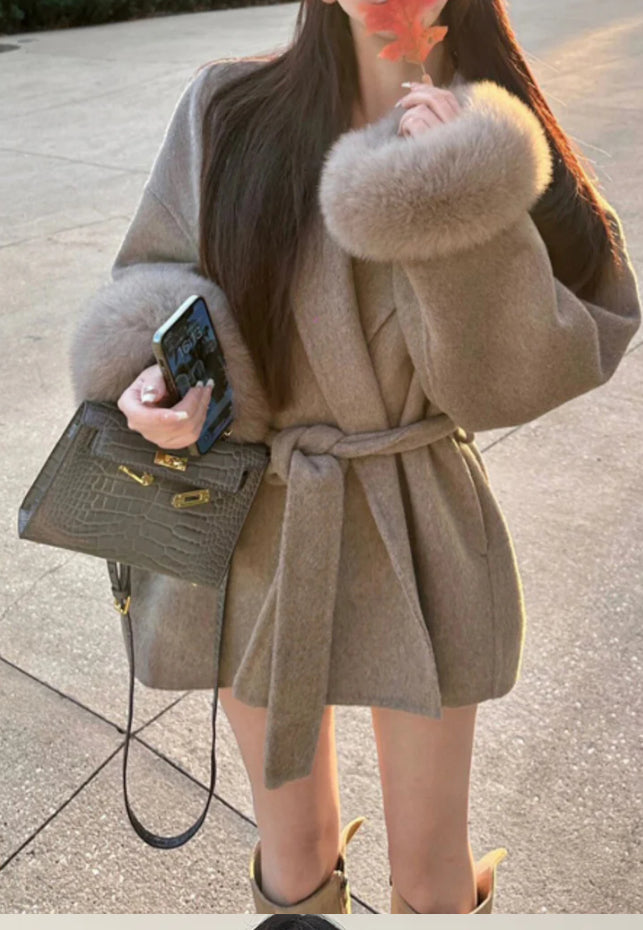 A&A 100% Wool Fur Trim Long Sleeve Coat