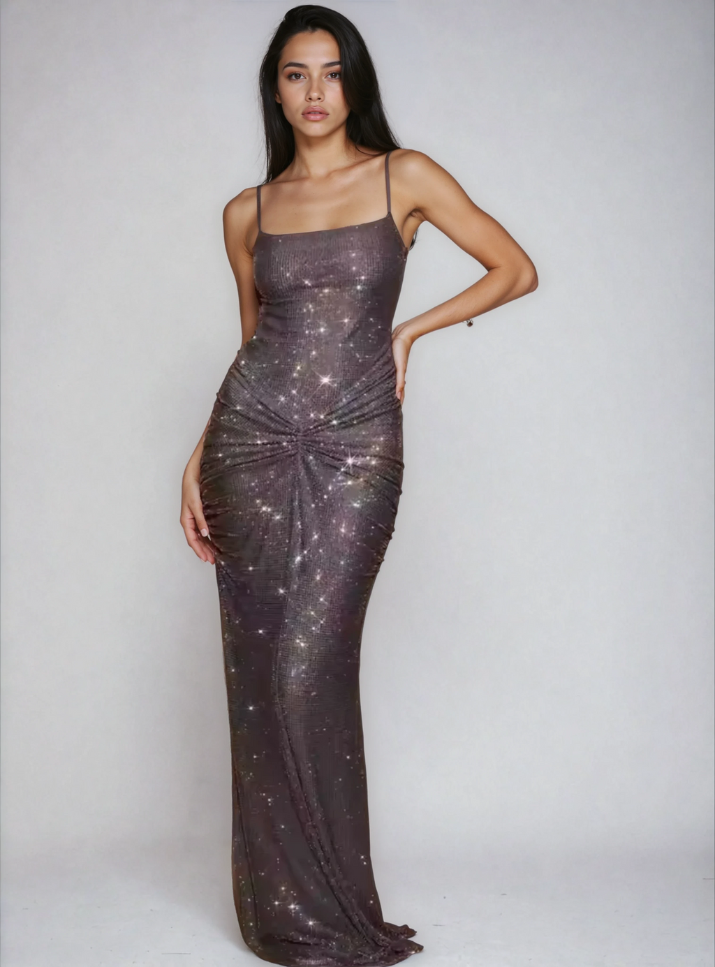 A&A Luxe Rhinestone Embellished Ruched Backless Maxi Dress