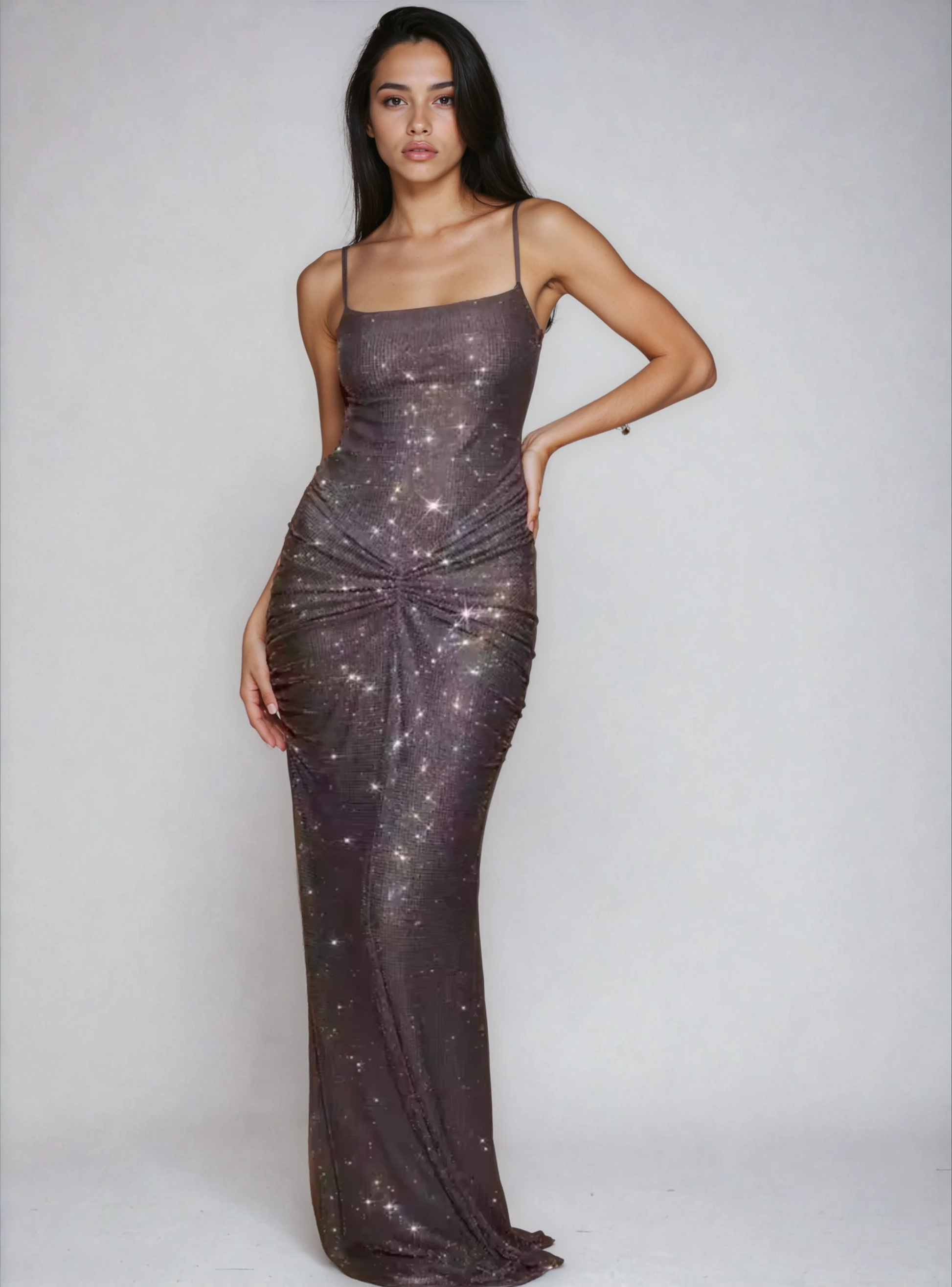 A&A Luxe Rhinestone Embellished Ruched Backless Maxi Dress
