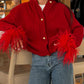 A&A Eline Red Feather Sleeve Knitted Cardigan