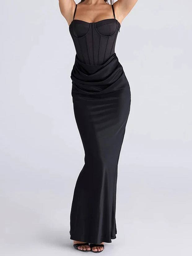 A&A Spaghetti Strap Ruched Black Maxi Dress