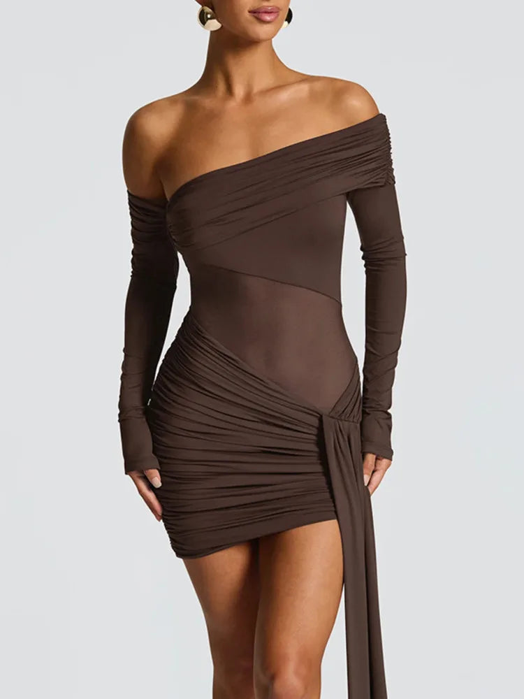 A&A Asymmetric Off-Shoulder Mesh Mini Dress