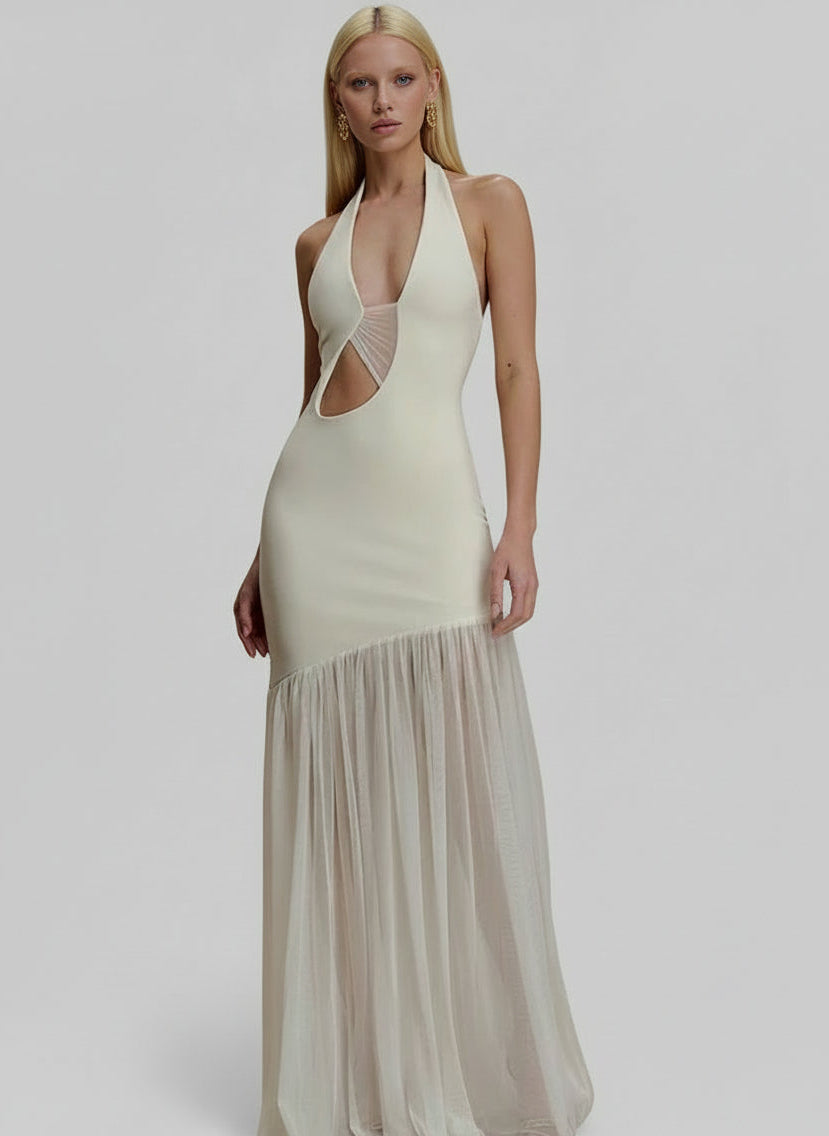A&A Luxe Halter Neck Cut Out Mesh Maxi Dress