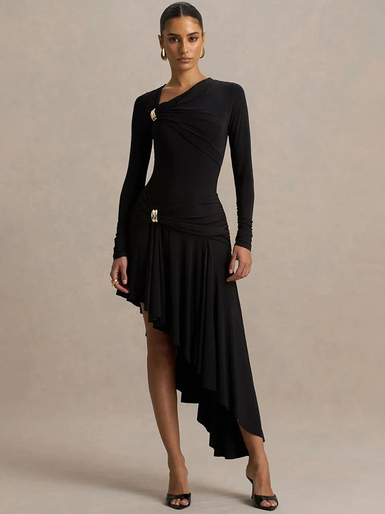 A&A Long Sleeve Asymmetric  Ruched Draped Maxi Dress