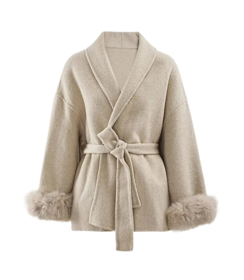 A&A 100% Wool Fur Trim Long Sleeve Coat