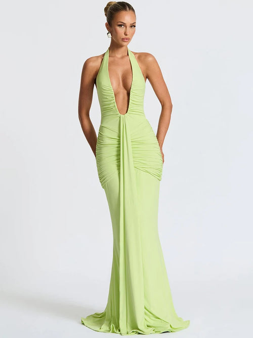 A&A Halter V Neck Backless Ruched Gown Maxi Dress