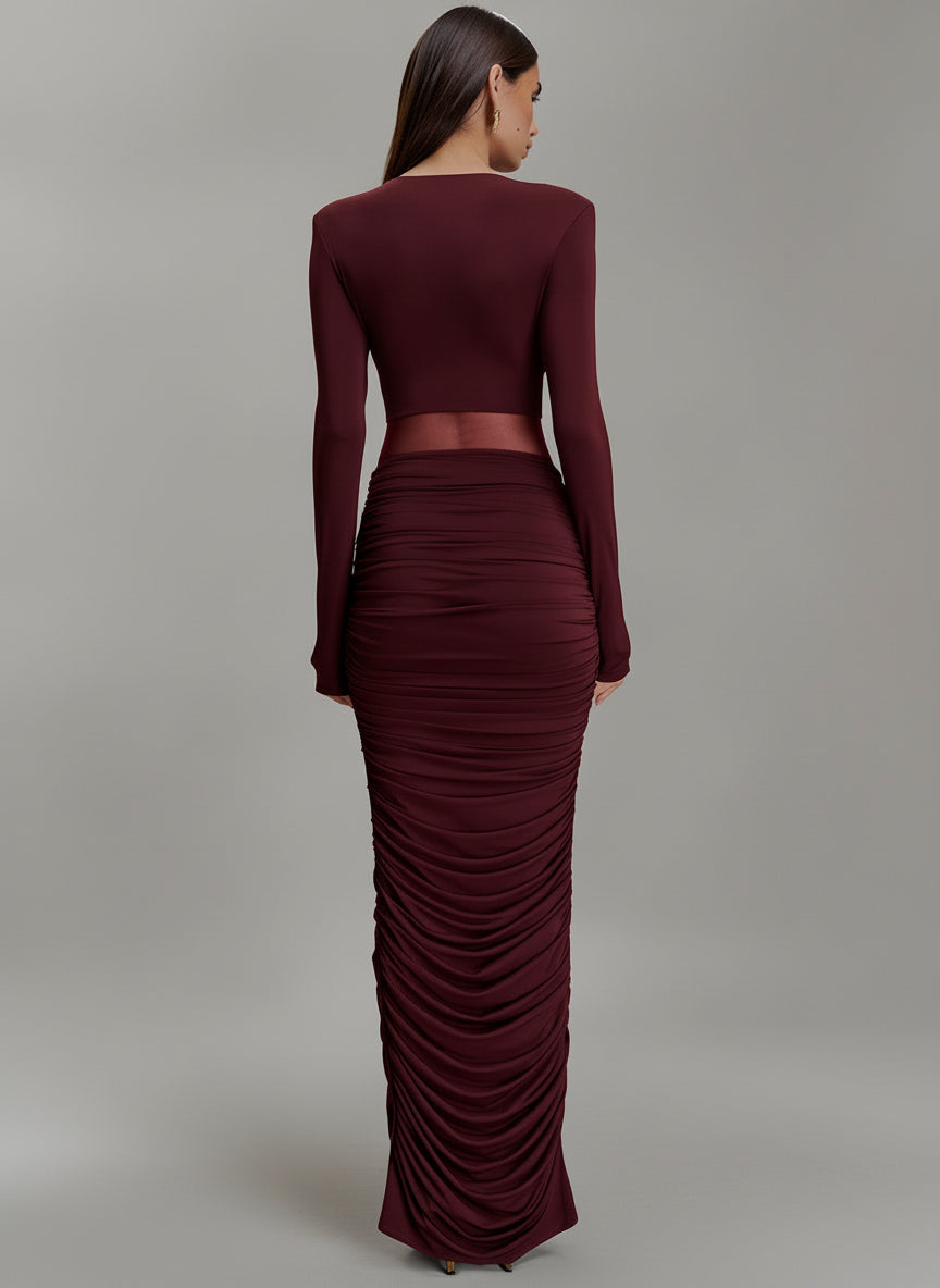 A&A Long Sleeved Ruched Slinky Bodycon Maxi Dress