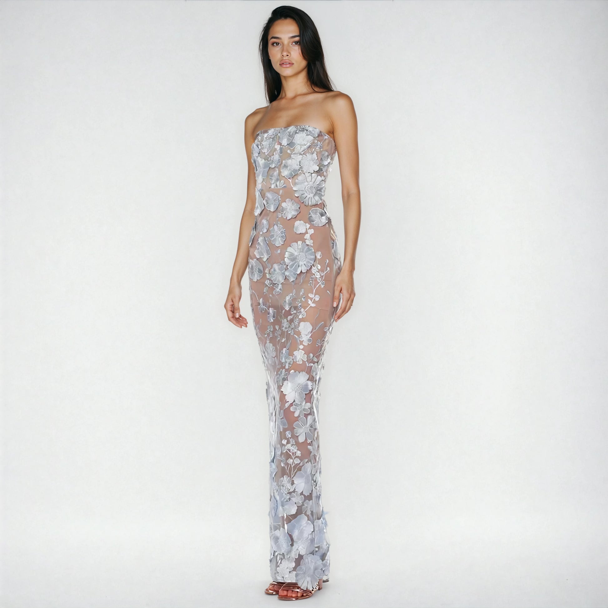 A&A Luxe Embroidered Flower Lace Mesh Strapless Dress