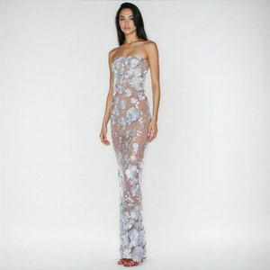 A&A Luxe Embroidered Flower Lace Mesh Strapless Dress