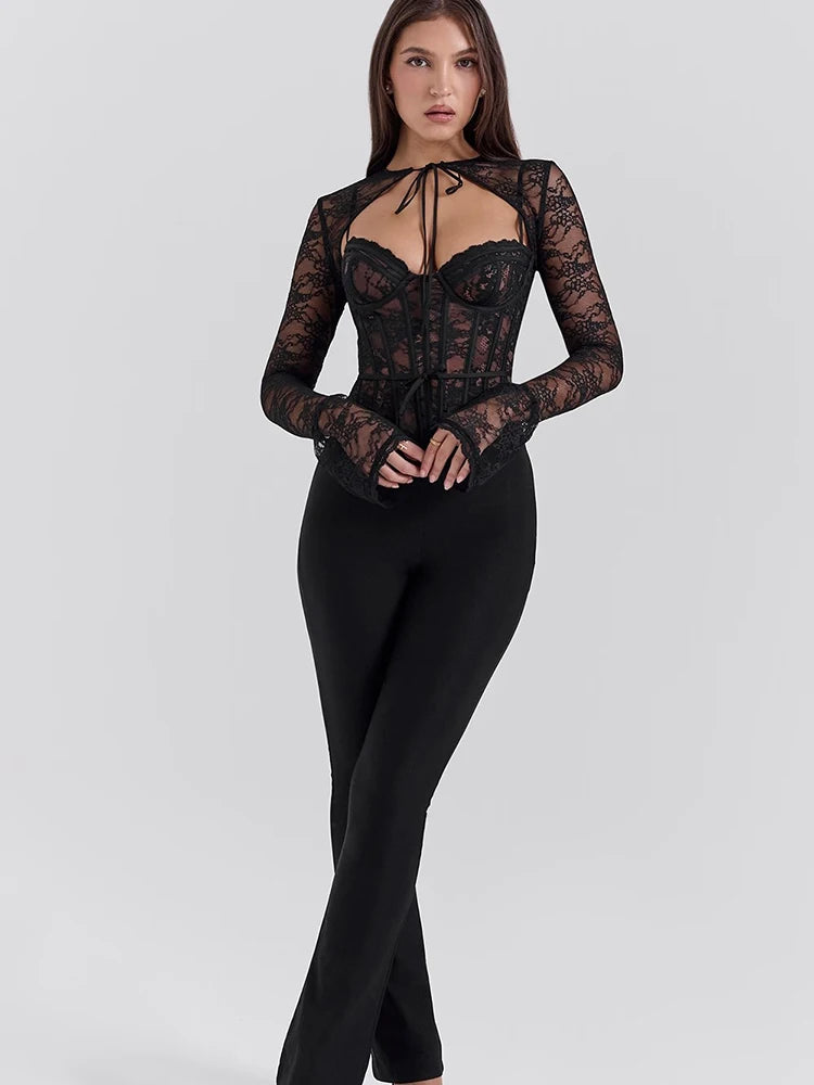 A&A Luxe Sheer Black Lace Long Sleeve Corset Top