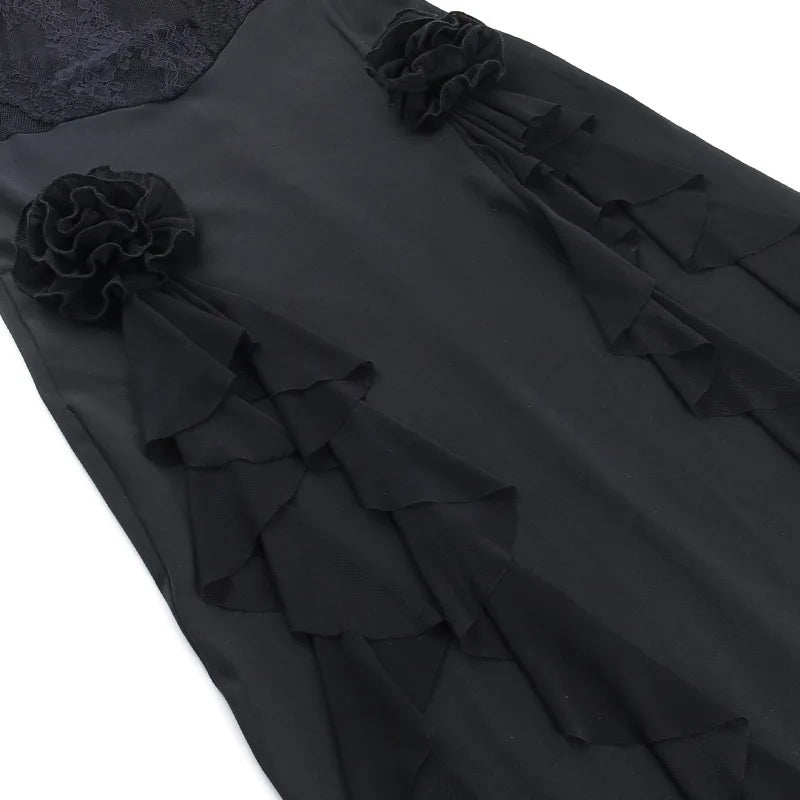 A&A Flower Corset Lace Ruffle Strapless Maxi Dress