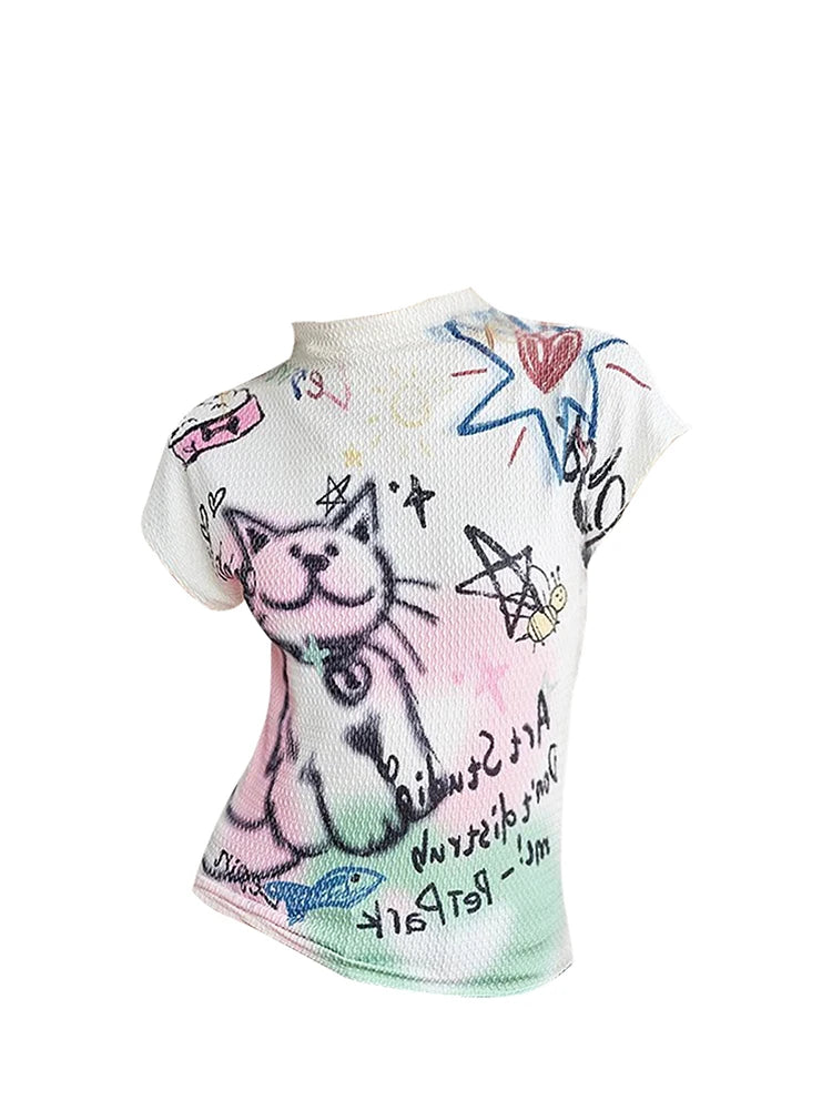 A&A Kawaii Dreamy Arcade Cat Graphic Print Top