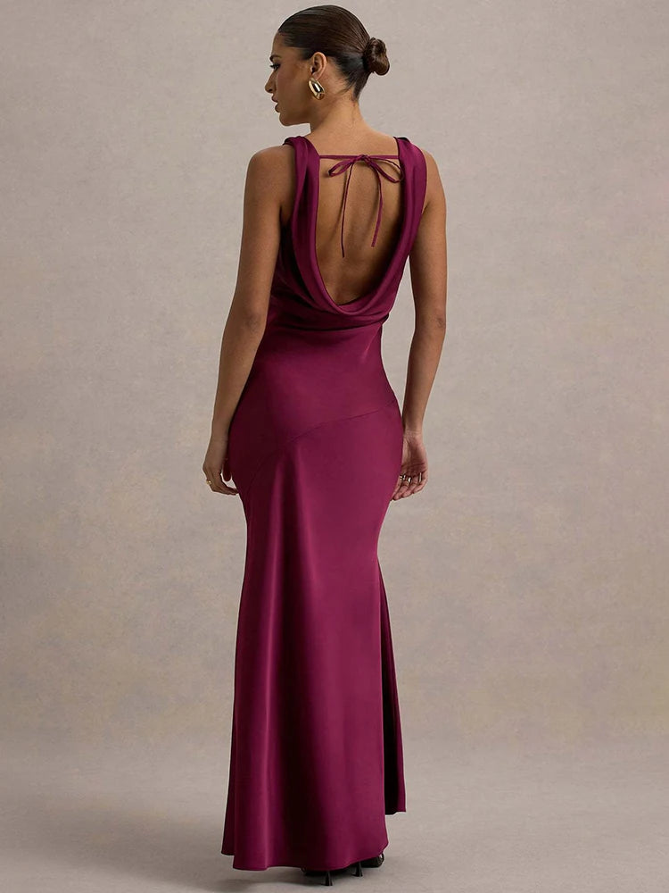 A&A Luxe Cowl Neck And Backless Satin Maxi Dress