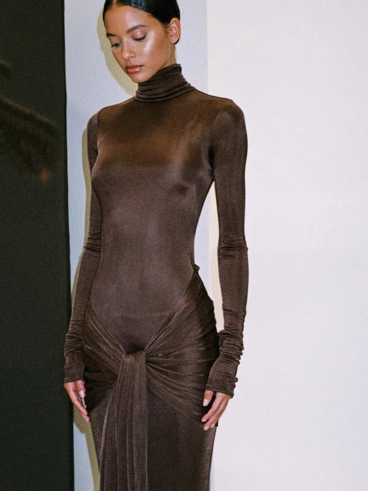 A&A Luxe High Neck Long Sleeve Maxi Bodycon Dress