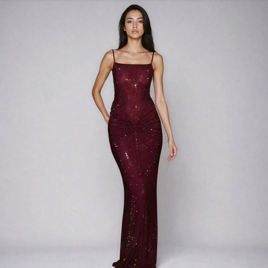 A&A Luxe Rhinestone Embellished Ruched Backless Maxi Dress