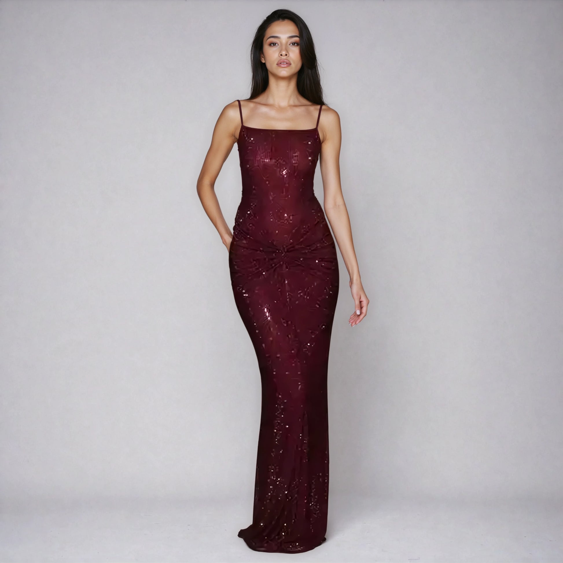 A&A Luxe Rhinestone Embellished Ruched Backless Maxi Dress