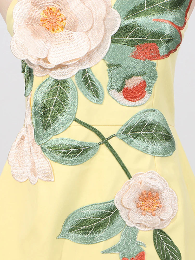 A&A Elara Yellow Strapless Embroidered Flower A-Line Mini Dress
