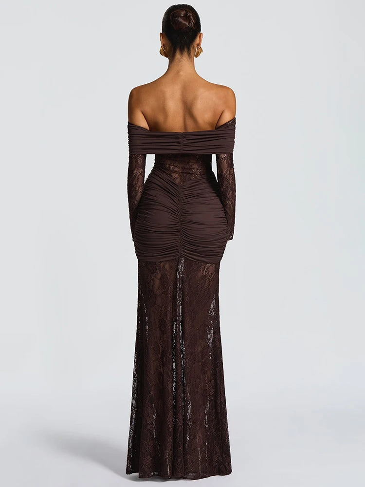 A&A Luxe Off-Shoulder Sheer Long Sleeve Maxi Dress